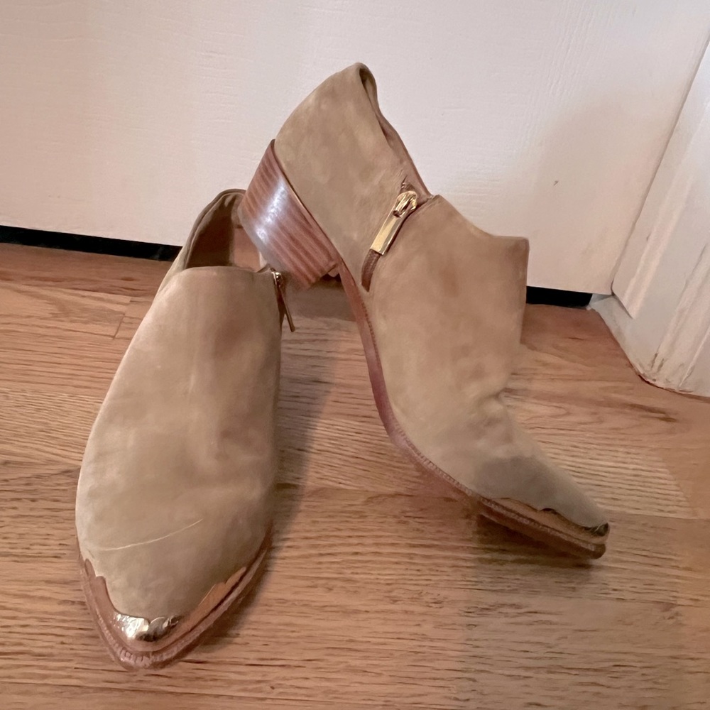Rachel Zoe suede booties with gold toe guards.